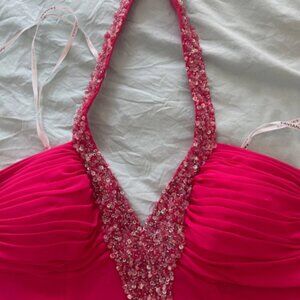 NWT Faviana New York Hot Pink Jeweled Halter Maxi Dress Gown Style 9217 16W